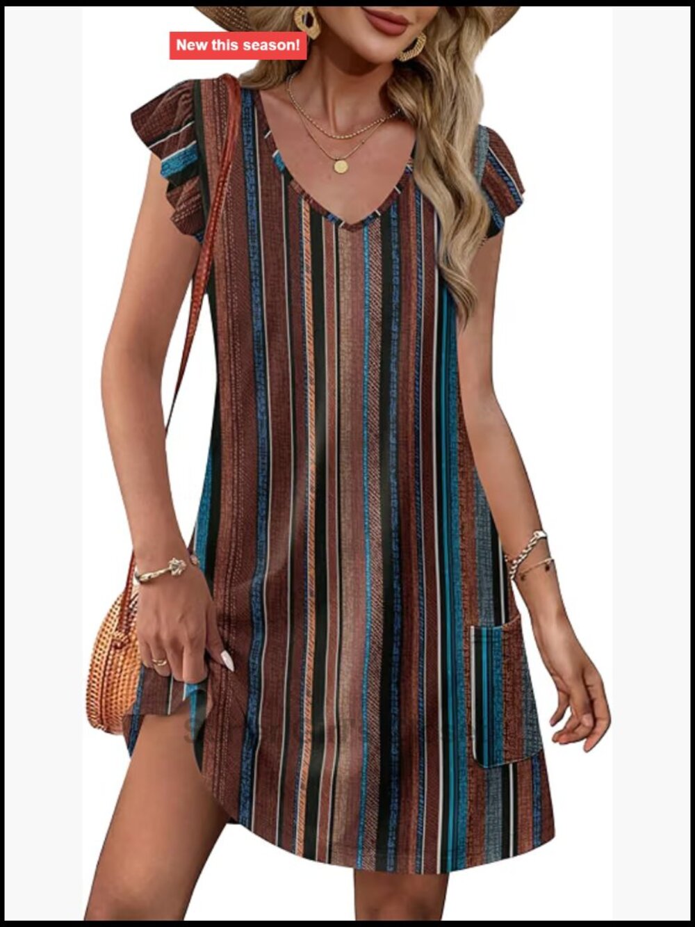 Womens Summer Ruffle Sleeve V Neck Loose Swing Sundress with Pockets